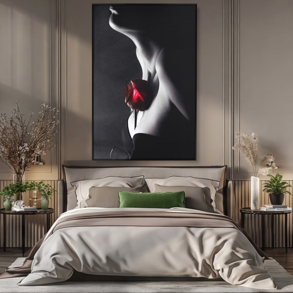 Tablou Canvas Premium, LuxCanva® P1003, Ecouri ale Pielii,  Alb, Negru, Rosu, Trandafir, Piele, Misterios, Dor, Visare, Femeie, Profil, Iubire, Romantism, Sexy, Living, Dormitor