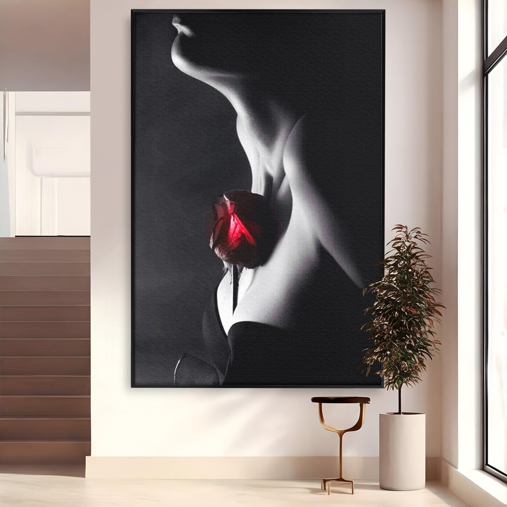 Tablou Canvas Premium, LuxCanva® P1003, Ecouri ale Pielii,  Alb, Negru, Rosu, Trandafir, Piele, Misterios, Dor, Visare, Femeie, Profil, Iubire, Romantism, Sexy, Living, Dormitor
