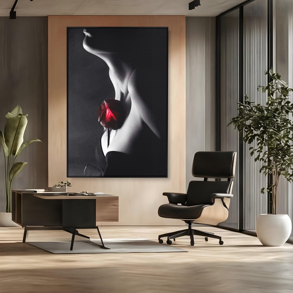 Tablou Canvas Premium, LuxCanva® P1003, Ecouri ale Pielii,  Alb, Negru, Rosu, Trandafir, Piele, Misterios, Dor, Visare, Femeie, Profil, Iubire, Romantism, Sexy, Living, Dormitor