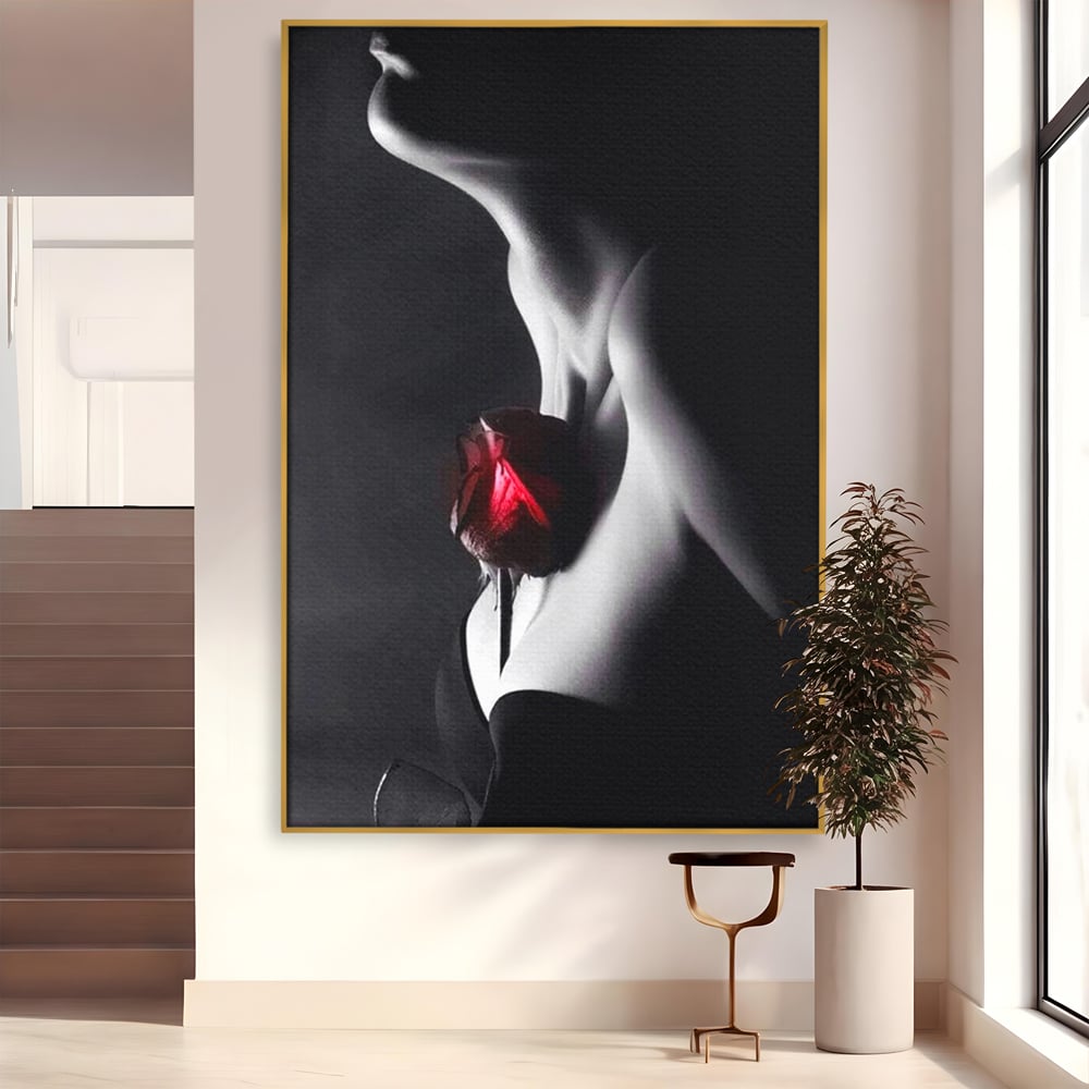 Tablou Canvas Premium, LuxCanva® P1003, Ecouri ale Pielii,  Alb, Negru, Rosu, Trandafir, Piele, Misterios, Dor, Visare, Femeie, Profil, Iubire, Romantism, Sexy, Living, Dormitor