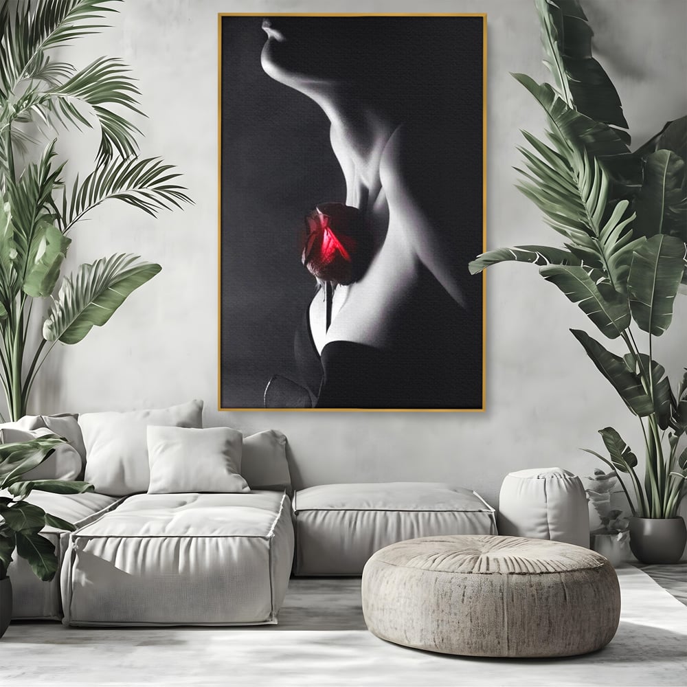 Tablou Canvas Premium, LuxCanva® P1003, Ecouri ale Pielii,  Alb, Negru, Rosu, Trandafir, Piele, Misterios, Dor, Visare, Femeie, Profil, Iubire, Romantism, Sexy, Living, Dormitor