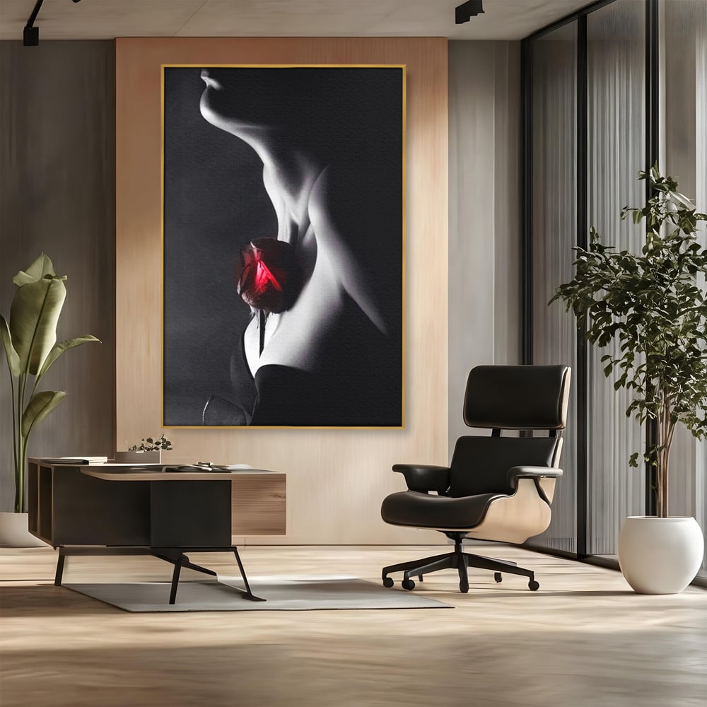 Tablou Canvas Premium, LuxCanva® P1003, Ecouri ale Pielii,  Alb, Negru, Rosu, Trandafir, Piele, Misterios, Dor, Visare, Femeie, Profil, Iubire, Romantism, Sexy, Living, Dormitor