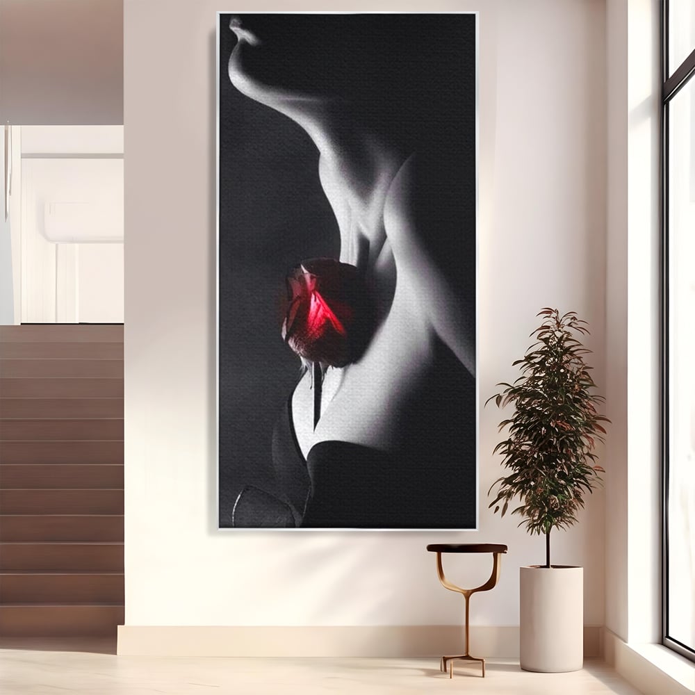 Tablou Canvas Premium, LuxCanva® P1003, Ecouri ale Pielii,  Alb, Negru, Rosu, Trandafir, Piele, Misterios, Dor, Visare, Femeie, Profil, Iubire, Romantism, Sexy, Living, Dormitor