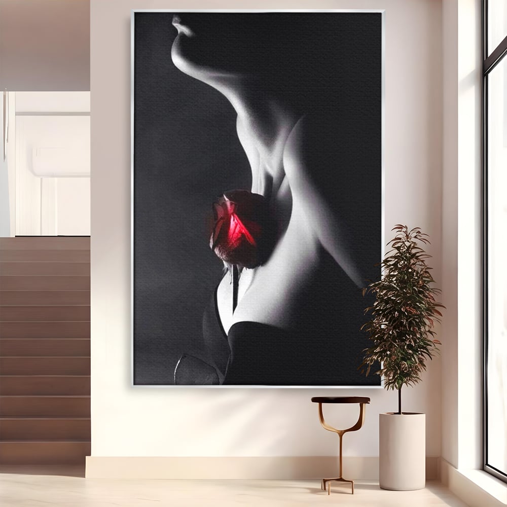 Tablou Canvas Premium, LuxCanva® P1003, Ecouri ale Pielii,  Alb, Negru, Rosu, Trandafir, Piele, Misterios, Dor, Visare, Femeie, Profil, Iubire, Romantism, Sexy, Living, Dormitor