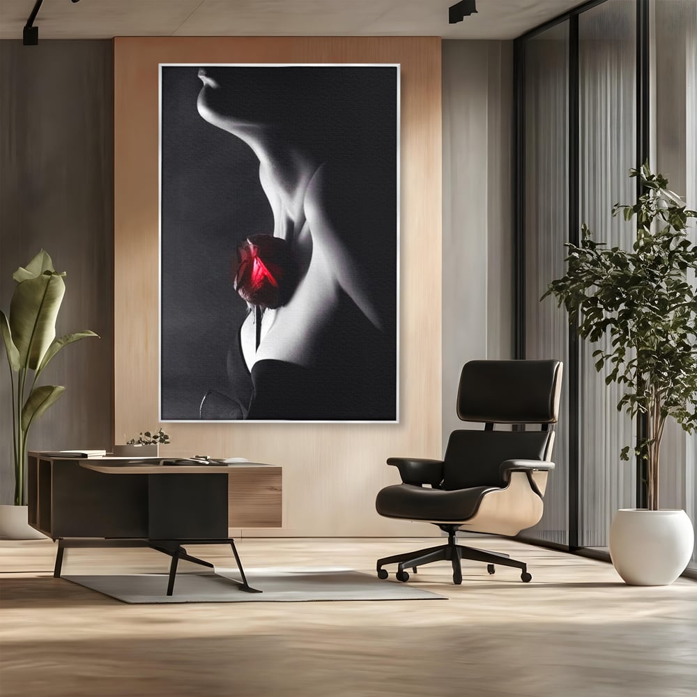 Tablou Canvas Premium, LuxCanva® P1003, Ecouri ale Pielii,  Alb, Negru, Rosu, Trandafir, Piele, Misterios, Dor, Visare, Femeie, Profil, Iubire, Romantism, Sexy, Living, Dormitor