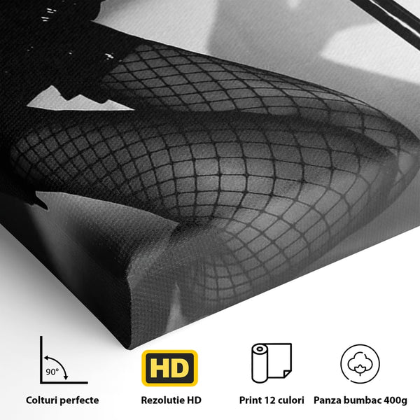 Leinwand Premium Canvas Wandkunst, LuxCanva® P1004, Geometrie der Verführung, Weiß, Schwarz, Drapierung, Netz, Tanz, künstlerisch, Bewegung, Schuhe, Podeste, Füße, sinnlich, sexy, sexy, Wohnen, Schlafzimmer