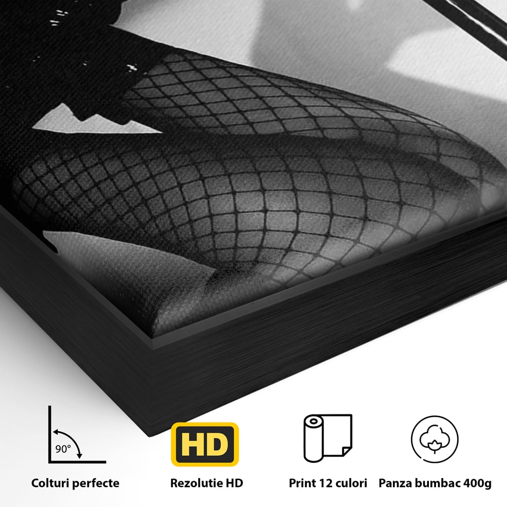 Leinwand Premium Canvas Wandkunst, LuxCanva® P1004, Geometrie der Verführung, Weiß, Schwarz, Drapierung, Netz, Tanz, künstlerisch, Bewegung, Schuhe, Podeste, Füße, sinnlich, sexy, sexy, Wohnen, Schlafzimmer