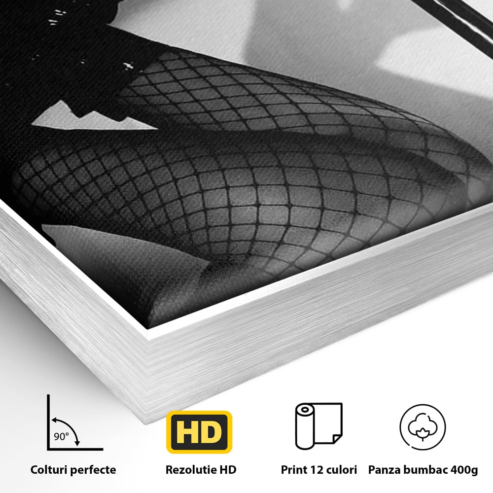 Leinwand Premium Canvas Wandkunst, LuxCanva® P1004, Geometrie der Verführung, Weiß, Schwarz, Drapierung, Netz, Tanz, künstlerisch, Bewegung, Schuhe, Podeste, Füße, sinnlich, sexy, sexy, Wohnen, Schlafzimmer