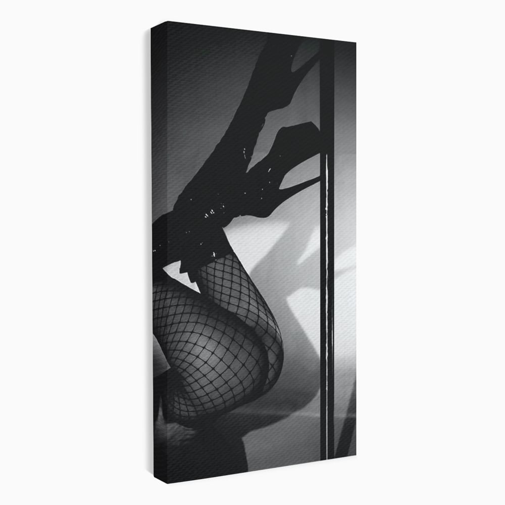 Leinwand Premium Canvas Wandkunst, LuxCanva® P1004, Geometrie der Verführung, Weiß, Schwarz, Drapierung, Netz, Tanz, künstlerisch, Bewegung, Schuhe, Podeste, Füße, sinnlich, sexy, sexy, Wohnen, Schlafzimmer