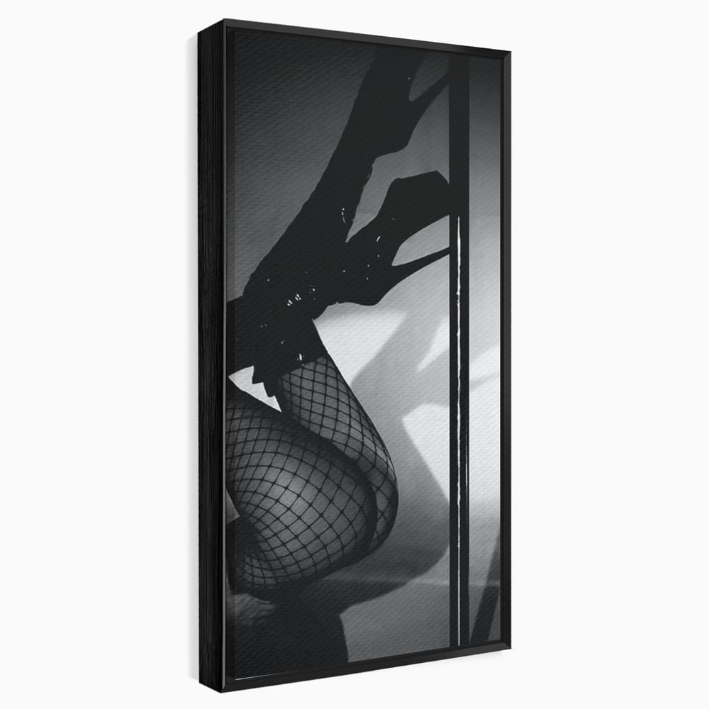 Leinwand Premium Canvas Wandkunst, LuxCanva® P1004, Geometrie der Verführung, Weiß, Schwarz, Drapierung, Netz, Tanz, künstlerisch, Bewegung, Schuhe, Podeste, Füße, sinnlich, sexy, sexy, Wohnen, Schlafzimmer
