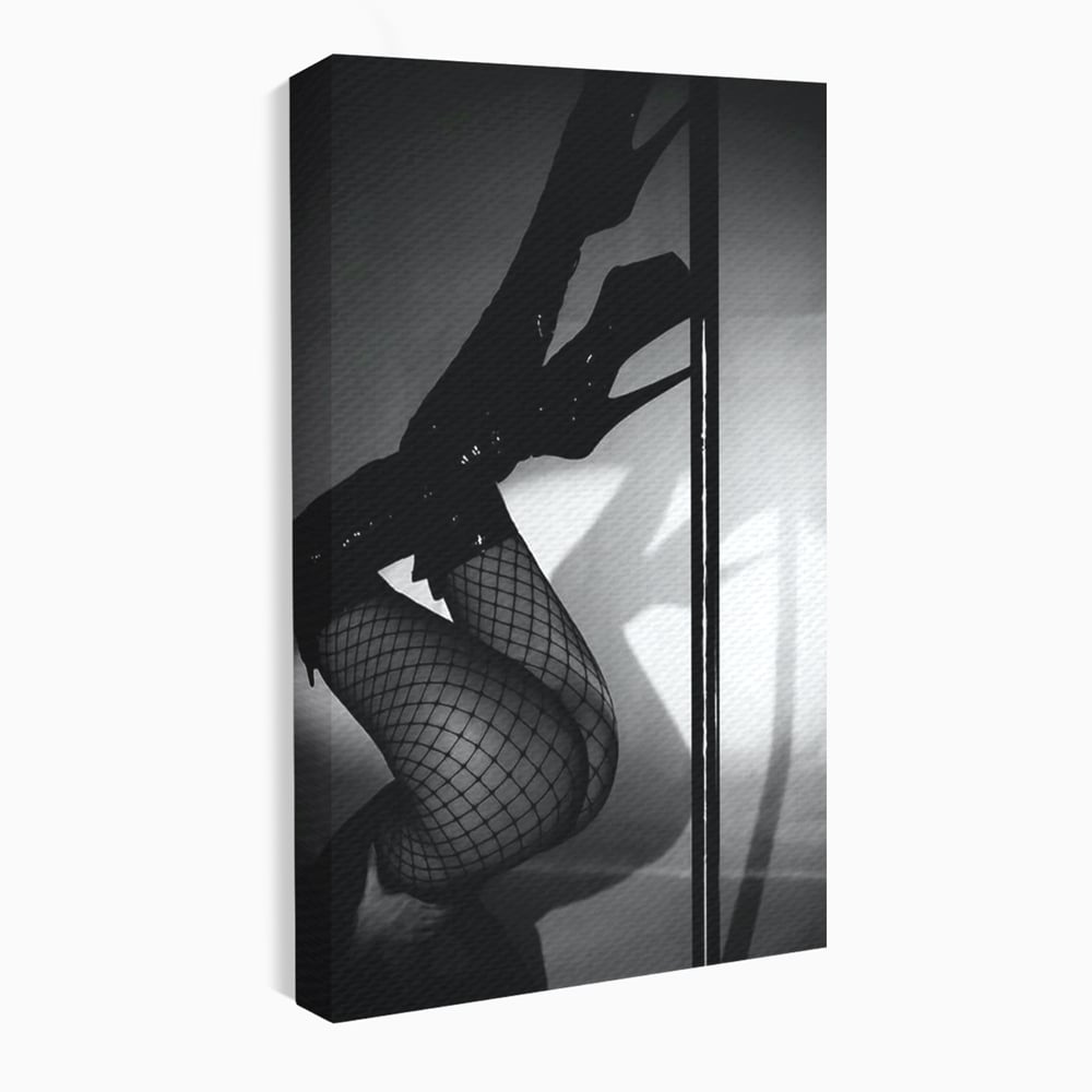Leinwand Premium Canvas Wandkunst, LuxCanva® P1004, Geometrie der Verführung, Weiß, Schwarz, Drapierung, Netz, Tanz, künstlerisch, Bewegung, Schuhe, Podeste, Füße, sinnlich, sexy, sexy, Wohnen, Schlafzimmer
