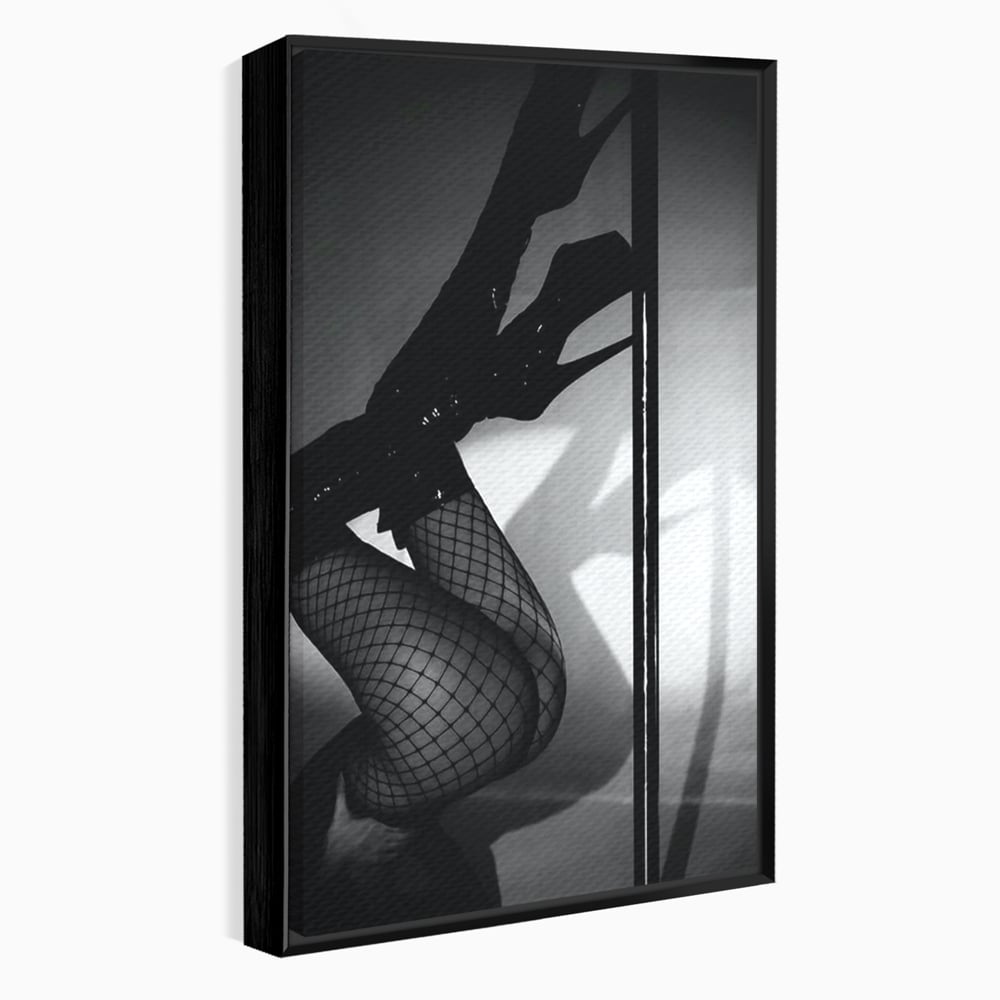 Leinwand Premium Canvas Wandkunst, LuxCanva® P1004, Geometrie der Verführung, Weiß, Schwarz, Drapierung, Netz, Tanz, künstlerisch, Bewegung, Schuhe, Podeste, Füße, sinnlich, sexy, sexy, Wohnen, Schlafzimmer