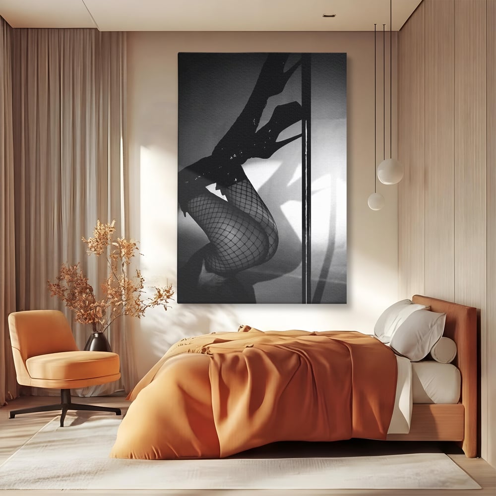 Leinwand Premium Canvas Wandkunst, LuxCanva® P1004, Geometrie der Verführung, Weiß, Schwarz, Drapierung, Netz, Tanz, künstlerisch, Bewegung, Schuhe, Podeste, Füße, sinnlich, sexy, sexy, Wohnen, Schlafzimmer