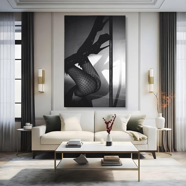 Leinwand Premium Canvas Wandkunst, LuxCanva® P1004, Geometrie der Verführung, Weiß, Schwarz, Drapierung, Netz, Tanz, künstlerisch, Bewegung, Schuhe, Podeste, Füße, sinnlich, sexy, sexy, Wohnen, Schlafzimmer