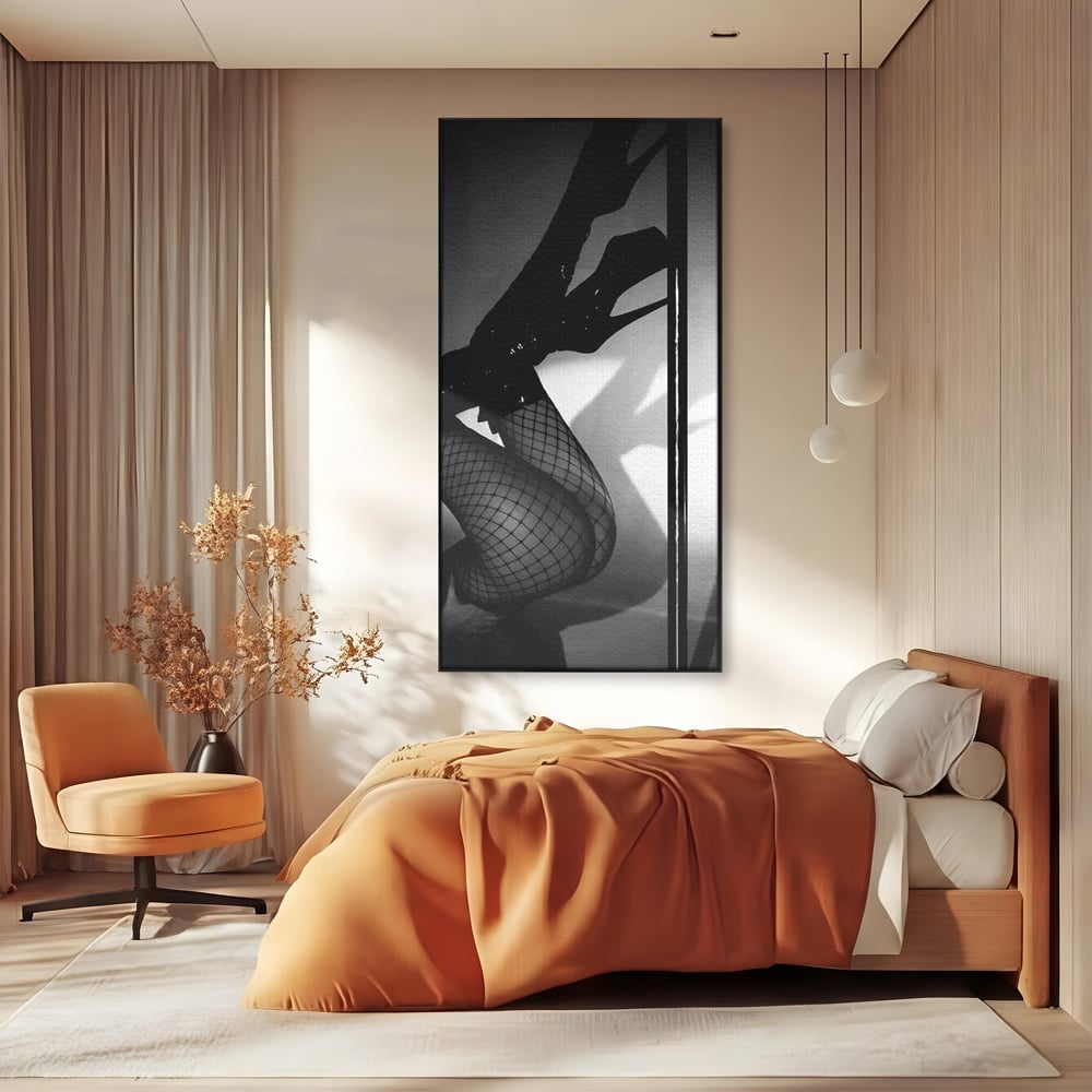 Leinwand Premium Canvas Wandkunst, LuxCanva® P1004, Geometrie der Verführung, Weiß, Schwarz, Drapierung, Netz, Tanz, künstlerisch, Bewegung, Schuhe, Podeste, Füße, sinnlich, sexy, sexy, Wohnen, Schlafzimmer