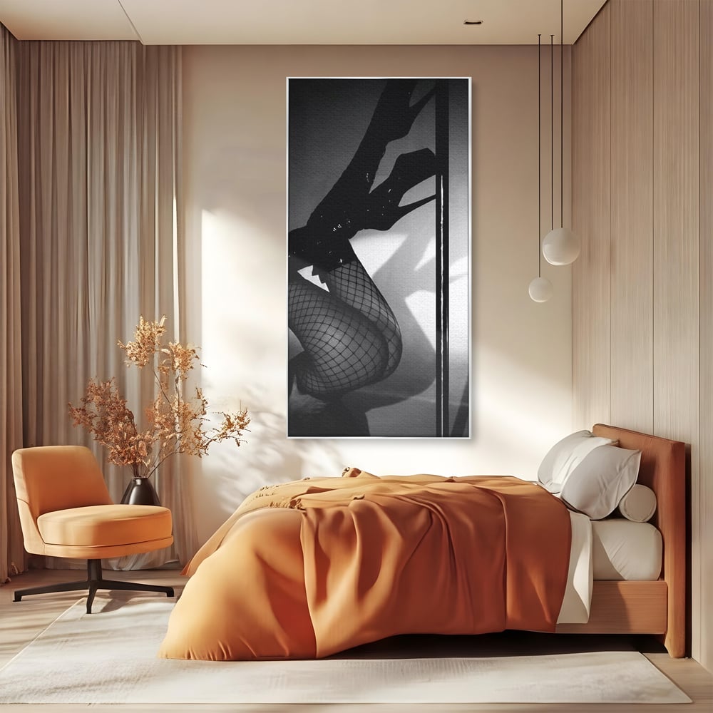 Leinwand Premium Canvas Wandkunst, LuxCanva® P1004, Geometrie der Verführung, Weiß, Schwarz, Drapierung, Netz, Tanz, künstlerisch, Bewegung, Schuhe, Podeste, Füße, sinnlich, sexy, sexy, Wohnen, Schlafzimmer