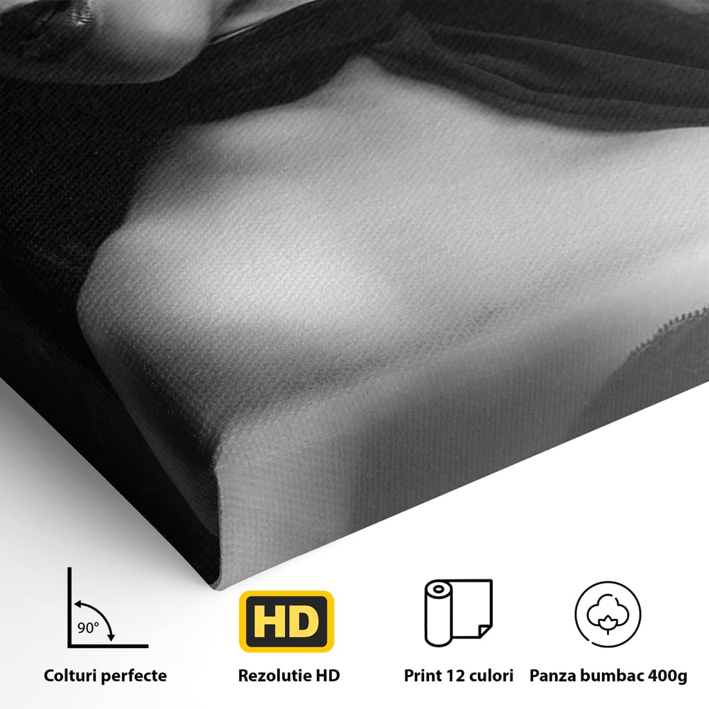 Tablou Canvas Premium, LuxCanva® P1005, Atingerea Misterului, Dantela, Negru, Seductie, Noir, Esarfa, Palarie, Dramatic, Cinematic, Fotografie, Buze, Detalii, Sexy, Living, Dormitor