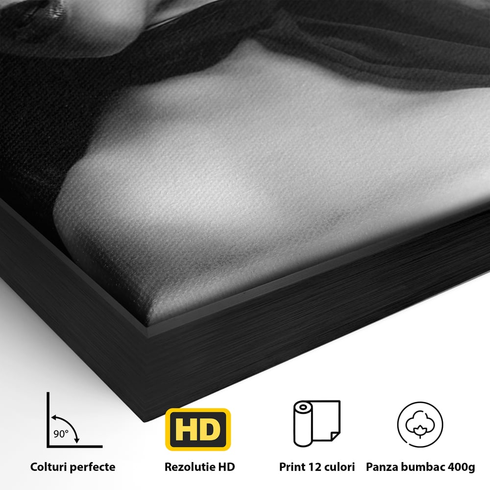 Tablou Canvas Premium, LuxCanva® P1005, Atingerea Misterului, Dantela, Negru, Seductie, Noir, Esarfa, Palarie, Dramatic, Cinematic, Fotografie, Buze, Detalii, Sexy, Living, Dormitor