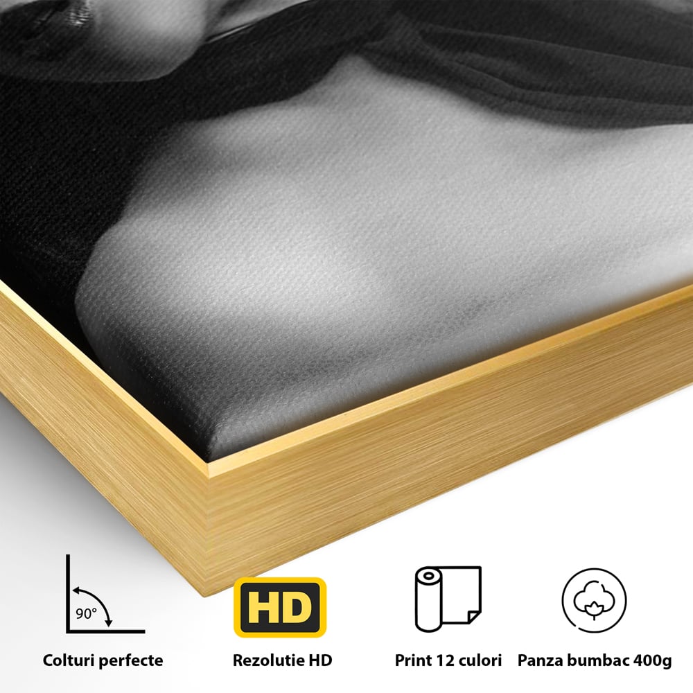 Tablou Canvas Premium, LuxCanva® P1005, Atingerea Misterului, Dantela, Negru, Seductie, Noir, Esarfa, Palarie, Dramatic, Cinematic, Fotografie, Buze, Detalii, Sexy, Living, Dormitor