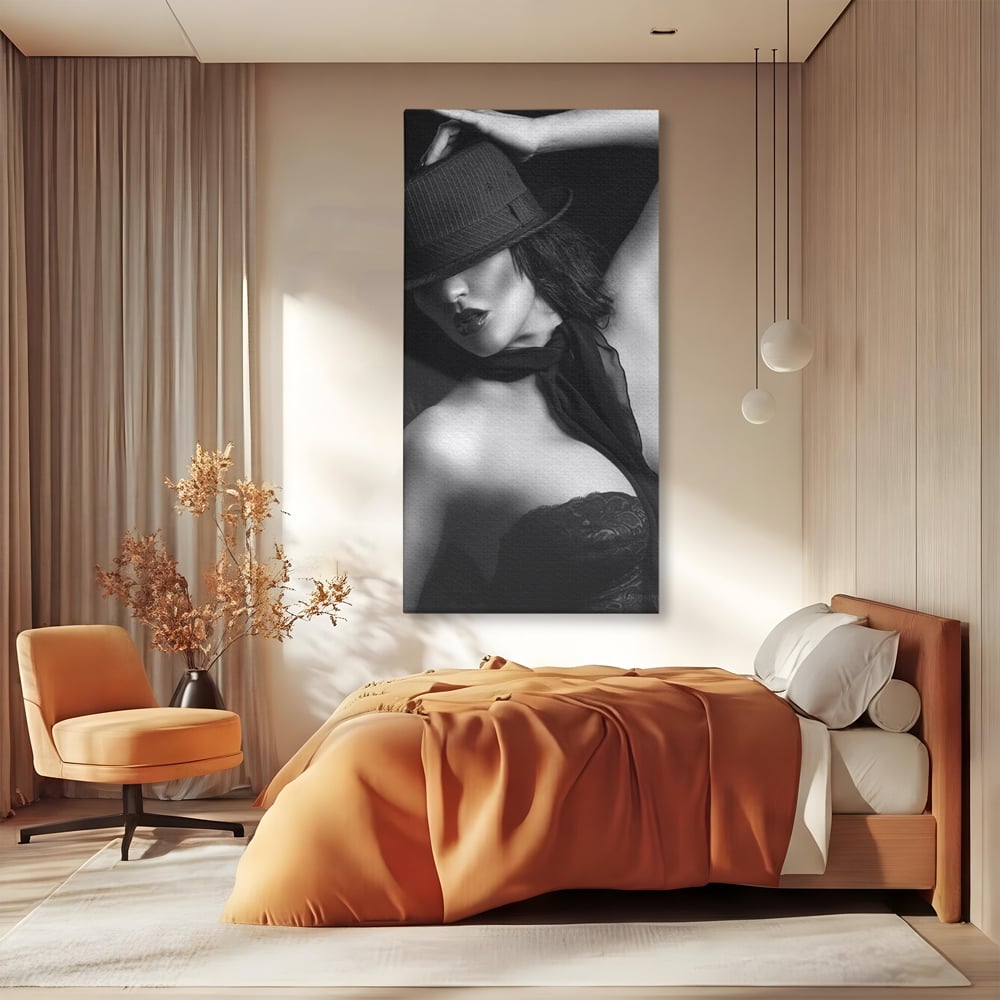Tablou Canvas Premium, LuxCanva® P1005, Atingerea Misterului, Dantela, Negru, Seductie, Noir, Esarfa, Palarie, Dramatic, Cinematic, Fotografie, Buze, Detalii, Sexy, Living, Dormitor