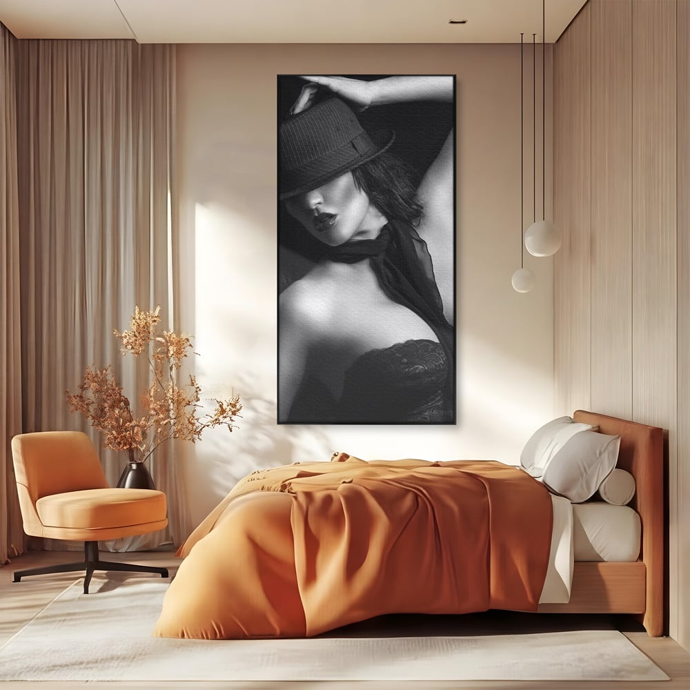 Tablou Canvas Premium, LuxCanva® P1005, Atingerea Misterului, Dantela, Negru, Seductie, Noir, Esarfa, Palarie, Dramatic, Cinematic, Fotografie, Buze, Detalii, Sexy, Living, Dormitor