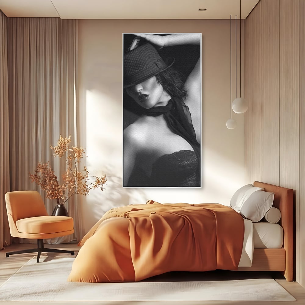 Tablou Canvas Premium, LuxCanva® P1005, Atingerea Misterului, Dantela, Negru, Seductie, Noir, Esarfa, Palarie, Dramatic, Cinematic, Fotografie, Buze, Detalii, Sexy, Living, Dormitor