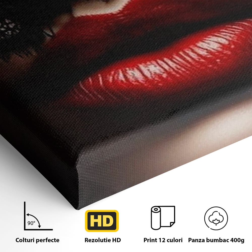 Tablou Canvas Premium, LuxCanva® P1006, Rosu sub Dantela, Dantela, Negru, Seductie, Ruj, Rosu, Masca, Erotism, Eleganta, Fashion, Dramatic, Sarut, Mister, Tacere, Living, Dormitor