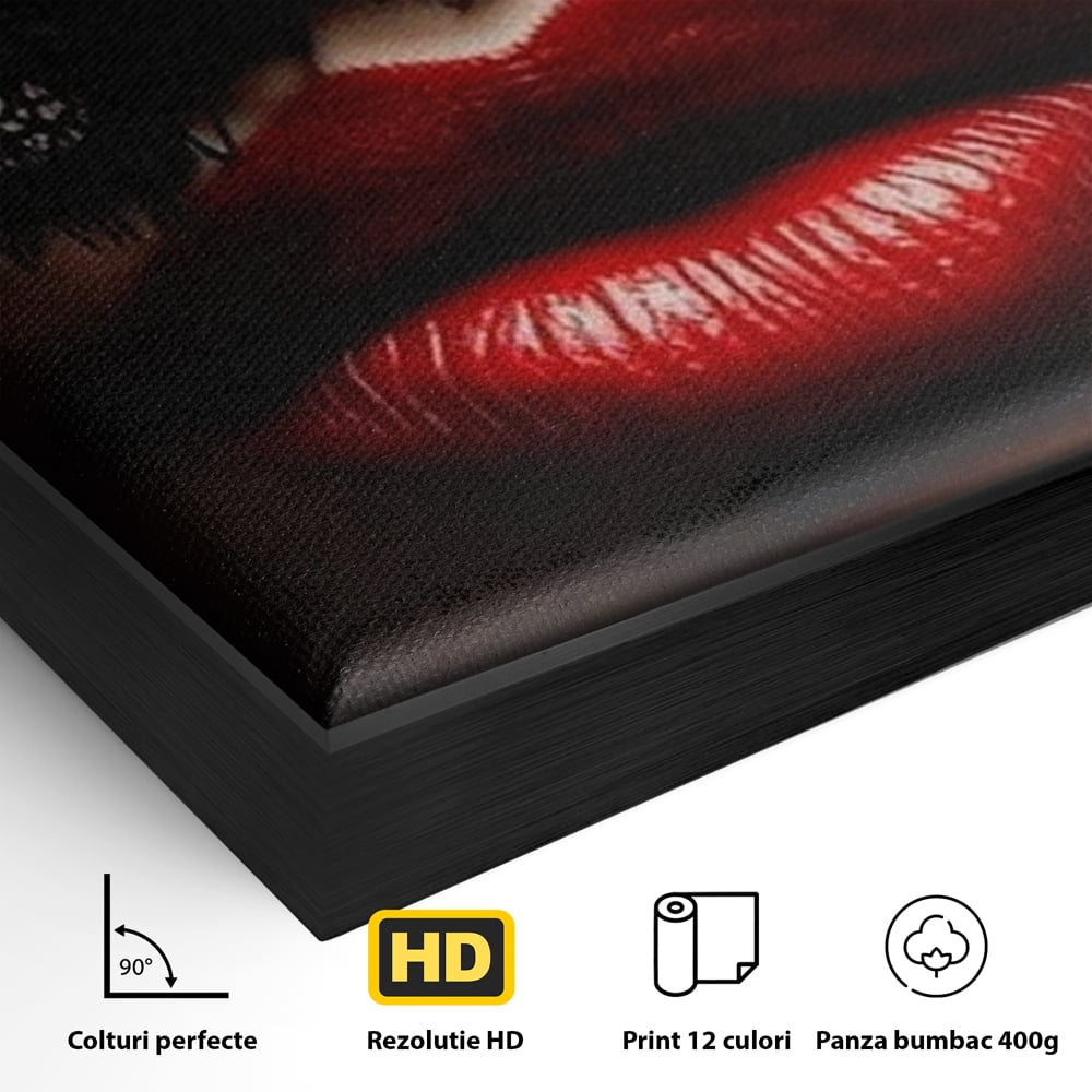 Tablou Canvas Premium, LuxCanva® P1006, Rosu sub Dantela, Dantela, Negru, Seductie, Ruj, Rosu, Masca, Erotism, Eleganta, Fashion, Dramatic, Sarut, Mister, Tacere, Living, Dormitor