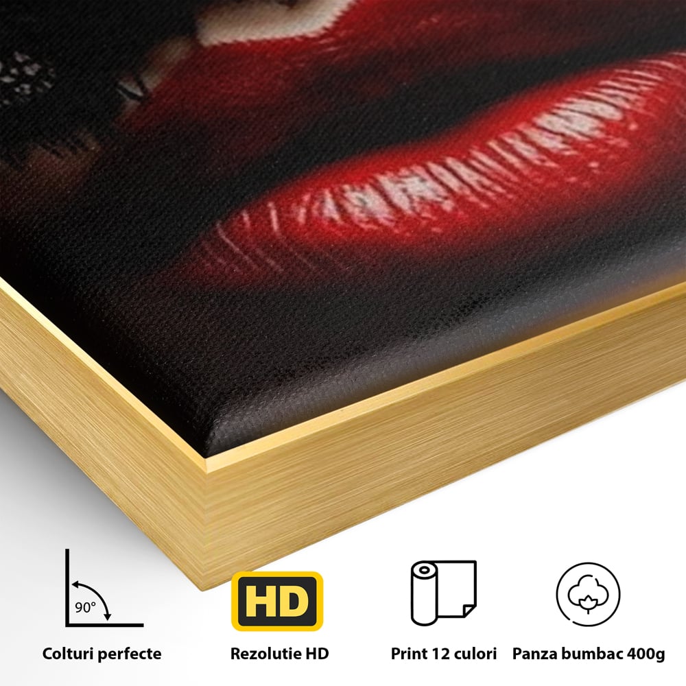 Tablou Canvas Premium, LuxCanva® P1006, Rosu sub Dantela, Dantela, Negru, Seductie, Ruj, Rosu, Masca, Erotism, Eleganta, Fashion, Dramatic, Sarut, Mister, Tacere, Living, Dormitor