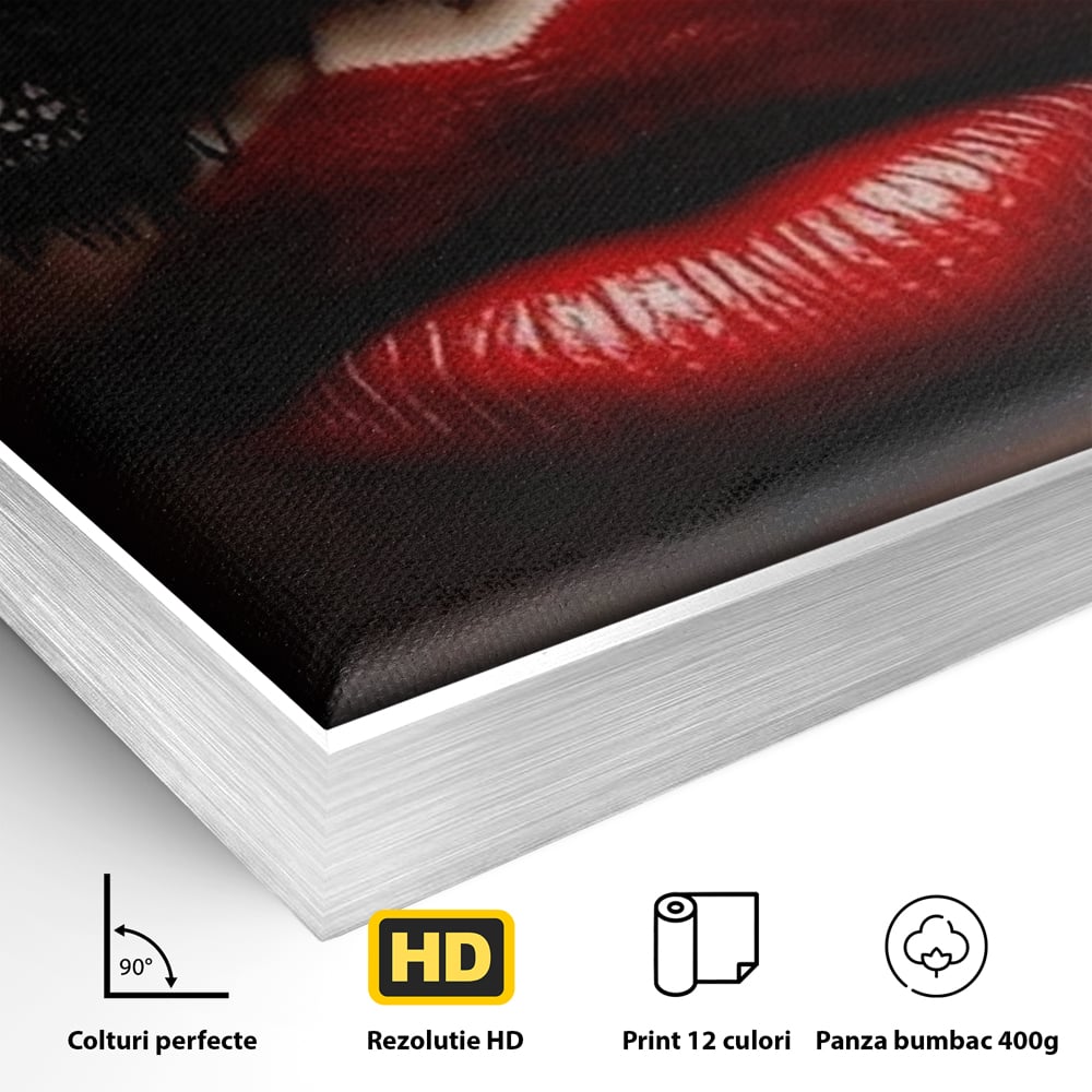 Tablou Canvas Premium, LuxCanva® P1006, Rosu sub Dantela, Dantela, Negru, Seductie, Ruj, Rosu, Masca, Erotism, Eleganta, Fashion, Dramatic, Sarut, Mister, Tacere, Living, Dormitor