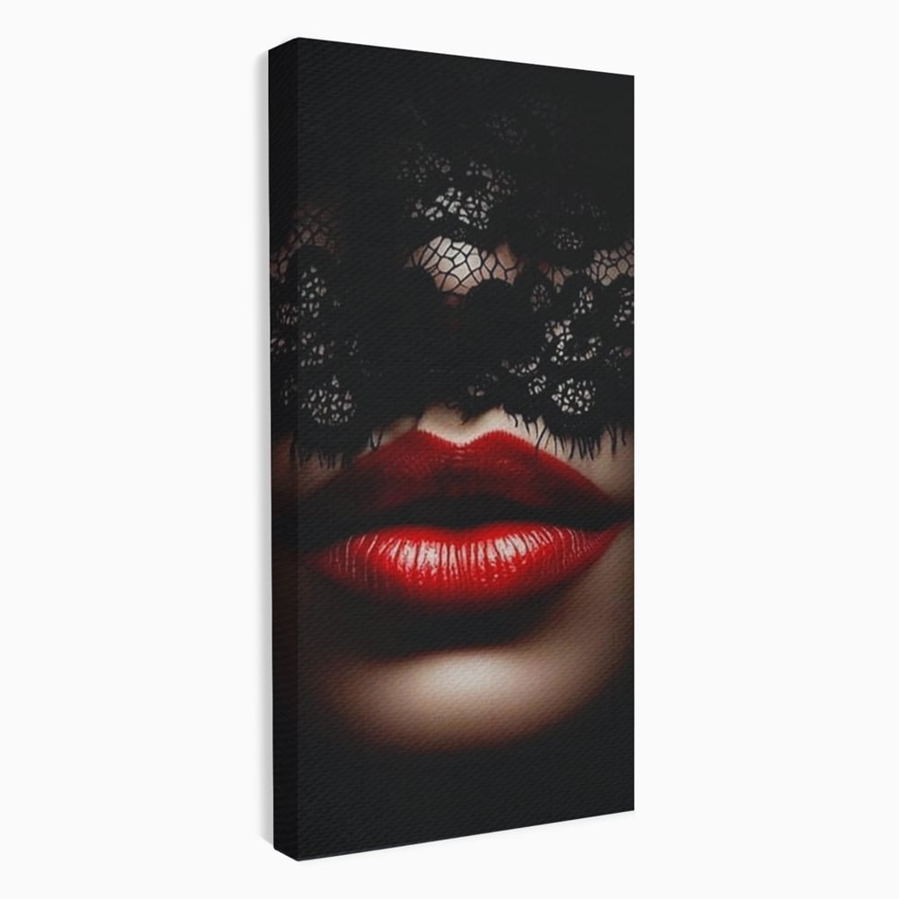 Tablou Canvas Premium, LuxCanva® P1006, Rosu sub Dantela, Dantela, Negru, Seductie, Ruj, Rosu, Masca, Erotism, Eleganta, Fashion, Dramatic, Sarut, Mister, Tacere, Living, Dormitor