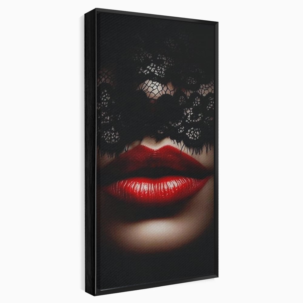 Tablou Canvas Premium, LuxCanva® P1006, Rosu sub Dantela, Dantela, Negru, Seductie, Ruj, Rosu, Masca, Erotism, Eleganta, Fashion, Dramatic, Sarut, Mister, Tacere, Living, Dormitor