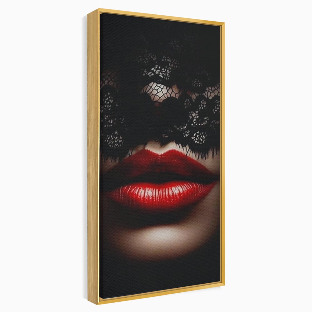 Tablou Canvas Premium, LuxCanva® P1006, Rosu sub Dantela, Dantela, Negru, Seductie, Ruj, Rosu, Masca, Erotism, Eleganta, Fashion, Dramatic, Sarut, Mister, Tacere, Living, Dormitor