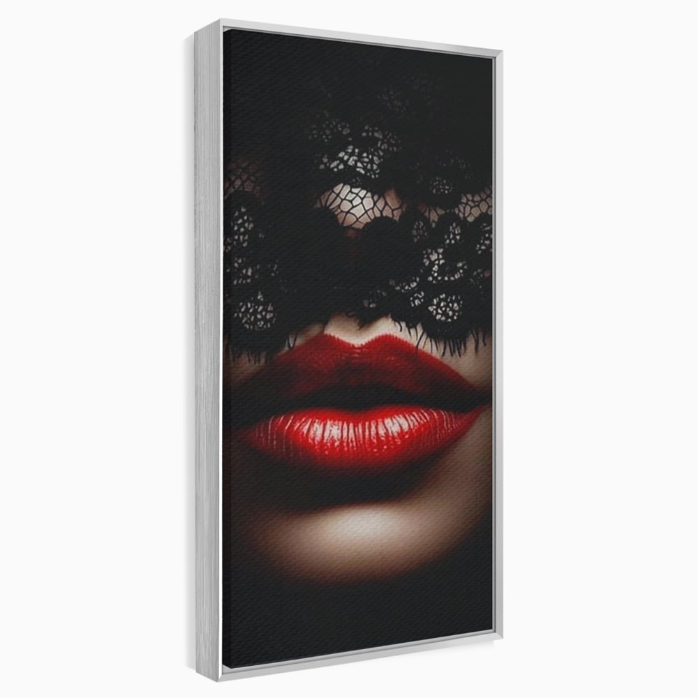 Tablou Canvas Premium, LuxCanva® P1006, Rosu sub Dantela, Dantela, Negru, Seductie, Ruj, Rosu, Masca, Erotism, Eleganta, Fashion, Dramatic, Sarut, Mister, Tacere, Living, Dormitor