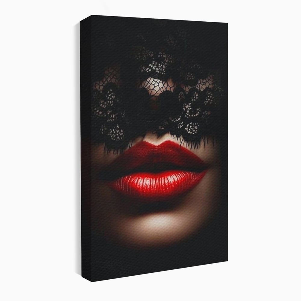 Tablou Canvas Premium, LuxCanva® P1006, Rosu sub Dantela, Dantela, Negru, Seductie, Ruj, Rosu, Masca, Erotism, Eleganta, Fashion, Dramatic, Sarut, Mister, Tacere, Living, Dormitor