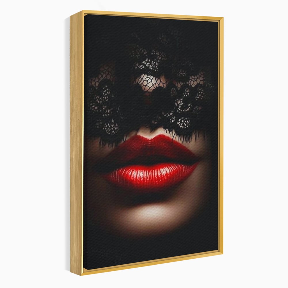 Tablou Canvas Premium, LuxCanva® P1006, Rosu sub Dantela, Dantela, Negru, Seductie, Ruj, Rosu, Masca, Erotism, Eleganta, Fashion, Dramatic, Sarut, Mister, Tacere, Living, Dormitor