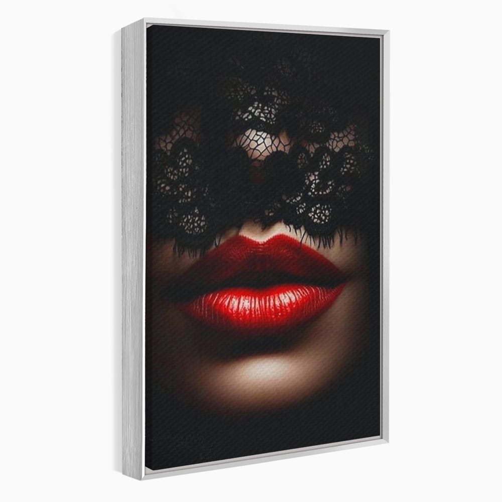 Tablou Canvas Premium, LuxCanva® P1006, Rosu sub Dantela, Dantela, Negru, Seductie, Ruj, Rosu, Masca, Erotism, Eleganta, Fashion, Dramatic, Sarut, Mister, Tacere, Living, Dormitor