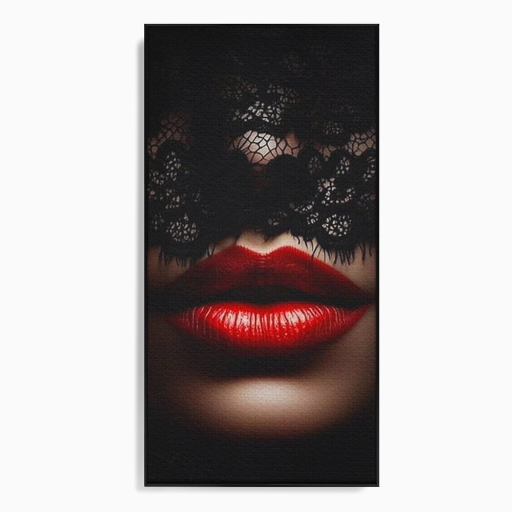 Tablou Canvas Premium, LuxCanva® P1006, Rosu sub Dantela, Dantela, Negru, Seductie, Ruj, Rosu, Masca, Erotism, Eleganta, Fashion, Dramatic, Sarut, Mister, Tacere, Living, Dormitor