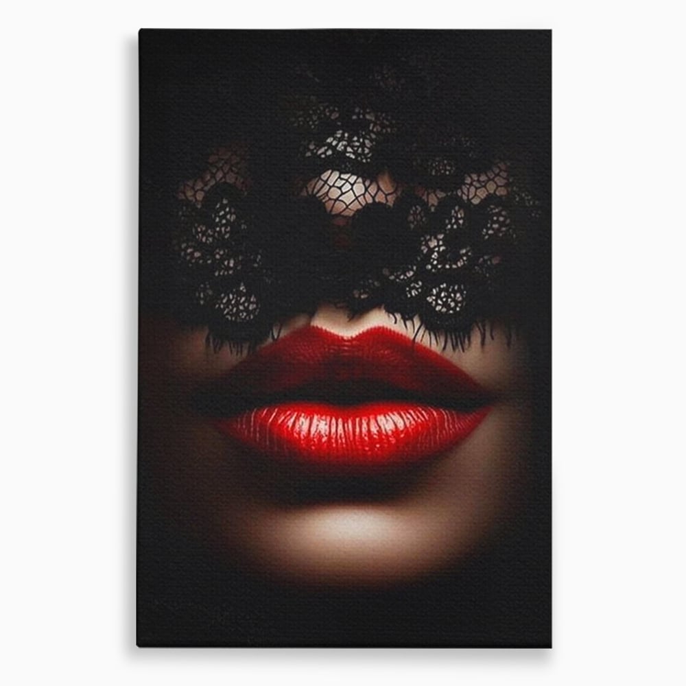 Tablou Canvas Premium, LuxCanva® P1006, Rosu sub Dantela, Dantela, Negru, Seductie, Ruj, Rosu, Masca, Erotism, Eleganta, Fashion, Dramatic, Sarut, Mister, Tacere, Living, Dormitor