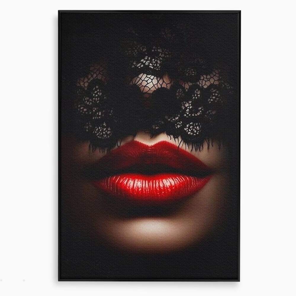 Tablou Canvas Premium, LuxCanva® P1006, Rosu sub Dantela, Dantela, Negru, Seductie, Ruj, Rosu, Masca, Erotism, Eleganta, Fashion, Dramatic, Sarut, Mister, Tacere, Living, Dormitor