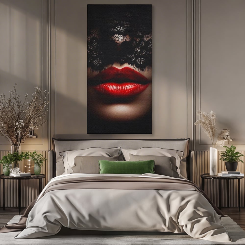 Tablou Canvas Premium, LuxCanva® P1006, Rosu sub Dantela, Dantela, Negru, Seductie, Ruj, Rosu, Masca, Erotism, Eleganta, Fashion, Dramatic, Sarut, Mister, Tacere, Living, Dormitor