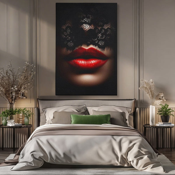 Tablou Canvas Premium, LuxCanva® P1006, Rosu sub Dantela, Dantela, Negru, Seductie, Ruj, Rosu, Masca, Erotism, Eleganta, Fashion, Dramatic, Sarut, Mister, Tacere, Living, Dormitor