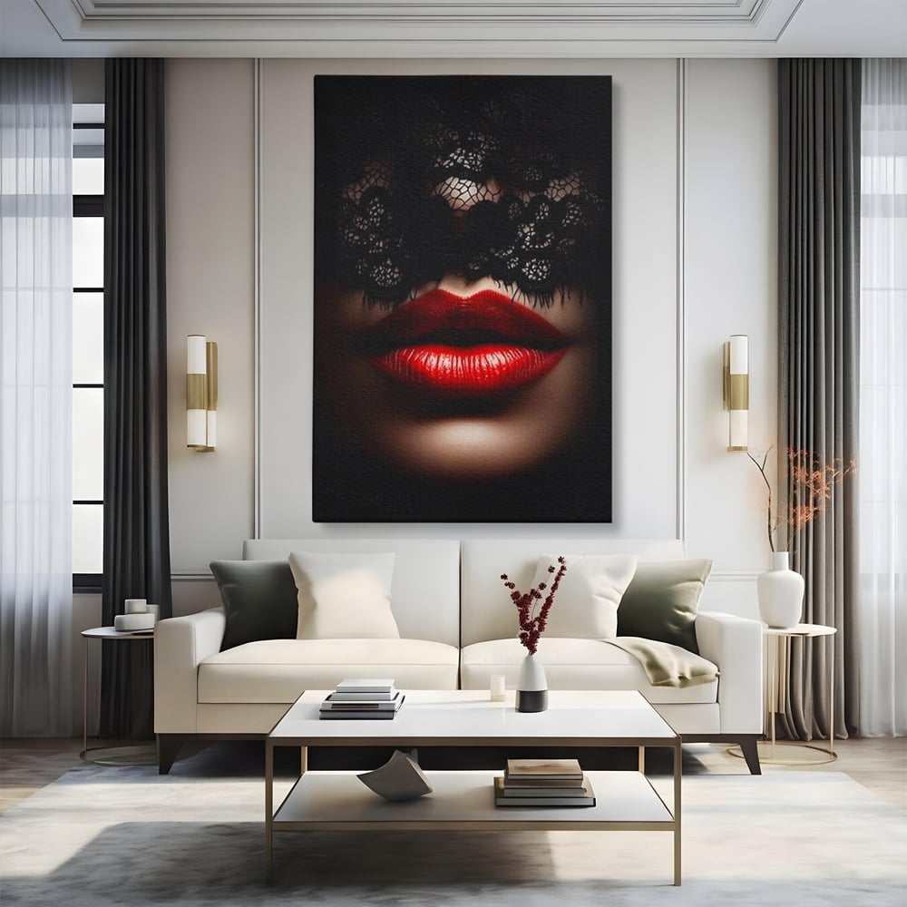 Tablou Canvas Premium, LuxCanva® P1006, Rosu sub Dantela, Dantela, Negru, Seductie, Ruj, Rosu, Masca, Erotism, Eleganta, Fashion, Dramatic, Sarut, Mister, Tacere, Living, Dormitor