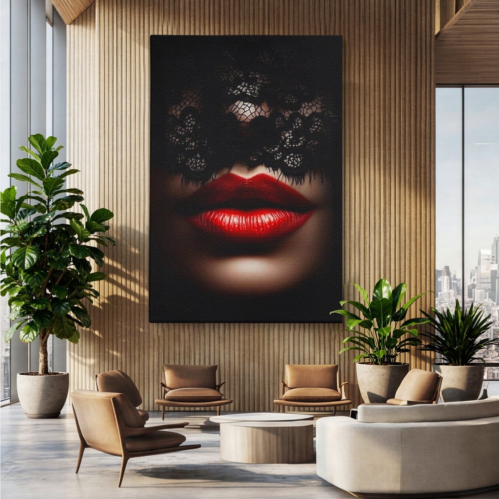 Tablou Canvas Premium, LuxCanva® P1006, Rosu sub Dantela, Dantela, Negru, Seductie, Ruj, Rosu, Masca, Erotism, Eleganta, Fashion, Dramatic, Sarut, Mister, Tacere, Living, Dormitor