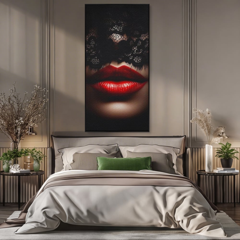 Tablou Canvas Premium, LuxCanva® P1006, Rosu sub Dantela, Dantela, Negru, Seductie, Ruj, Rosu, Masca, Erotism, Eleganta, Fashion, Dramatic, Sarut, Mister, Tacere, Living, Dormitor