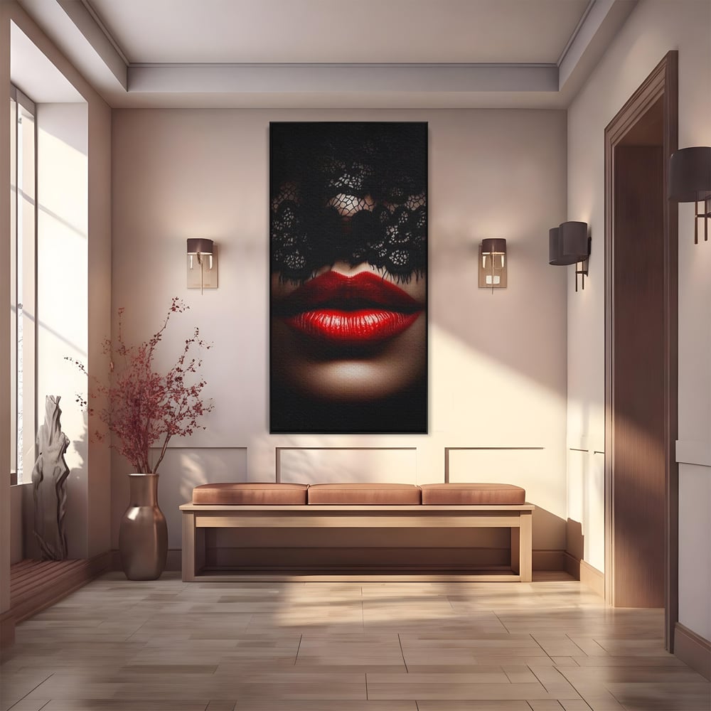 Tablou Canvas Premium, LuxCanva® P1006, Rosu sub Dantela, Dantela, Negru, Seductie, Ruj, Rosu, Masca, Erotism, Eleganta, Fashion, Dramatic, Sarut, Mister, Tacere, Living, Dormitor
