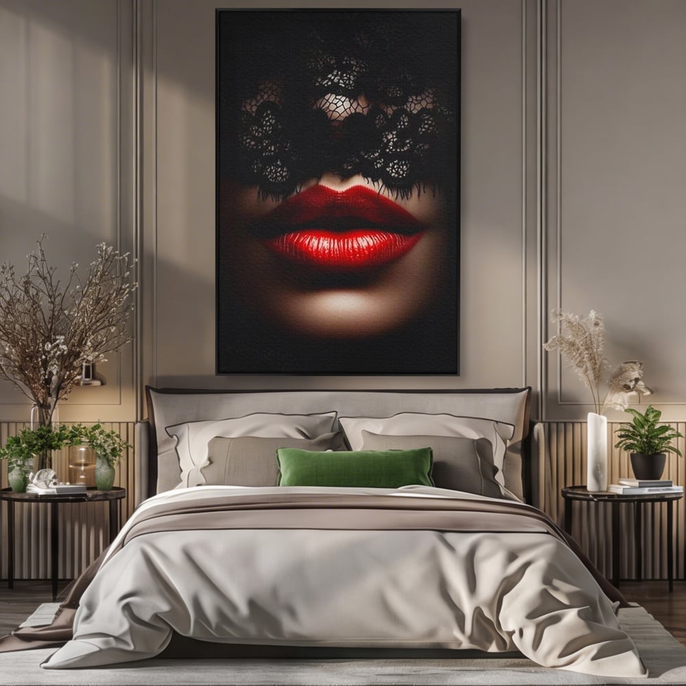 Tablou Canvas Premium, LuxCanva® P1006, Rosu sub Dantela, Dantela, Negru, Seductie, Ruj, Rosu, Masca, Erotism, Eleganta, Fashion, Dramatic, Sarut, Mister, Tacere, Living, Dormitor