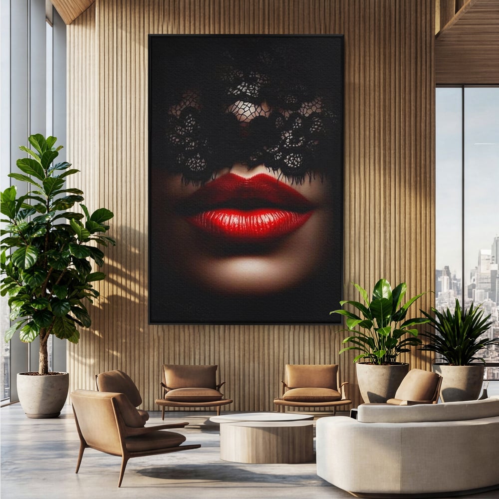 Tablou Canvas Premium, LuxCanva® P1006, Rosu sub Dantela, Dantela, Negru, Seductie, Ruj, Rosu, Masca, Erotism, Eleganta, Fashion, Dramatic, Sarut, Mister, Tacere, Living, Dormitor