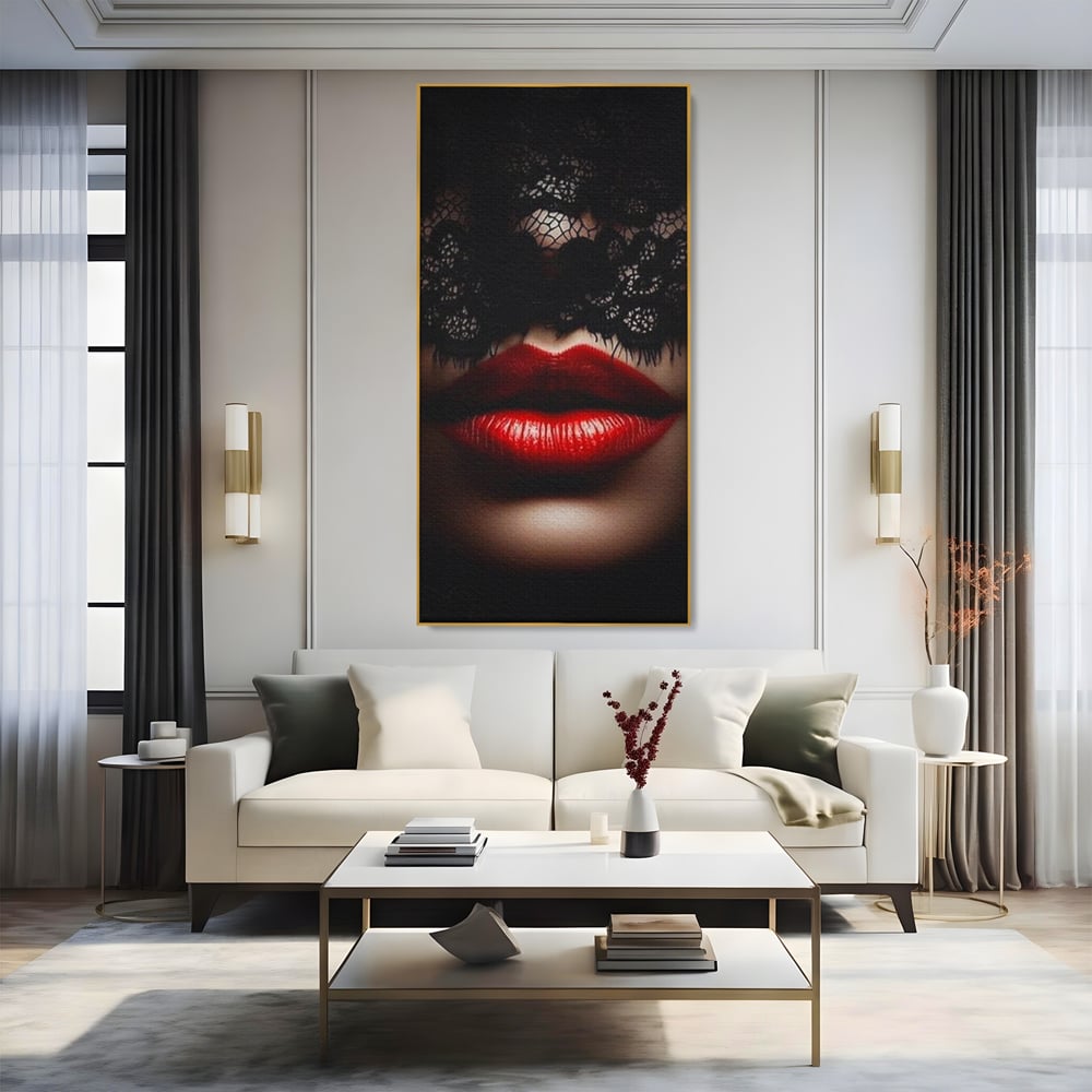 Tablou Canvas Premium, LuxCanva® P1006, Rosu sub Dantela, Dantela, Negru, Seductie, Ruj, Rosu, Masca, Erotism, Eleganta, Fashion, Dramatic, Sarut, Mister, Tacere, Living, Dormitor