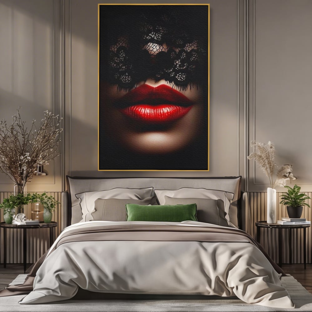 Tablou Canvas Premium, LuxCanva® P1006, Rosu sub Dantela, Dantela, Negru, Seductie, Ruj, Rosu, Masca, Erotism, Eleganta, Fashion, Dramatic, Sarut, Mister, Tacere, Living, Dormitor